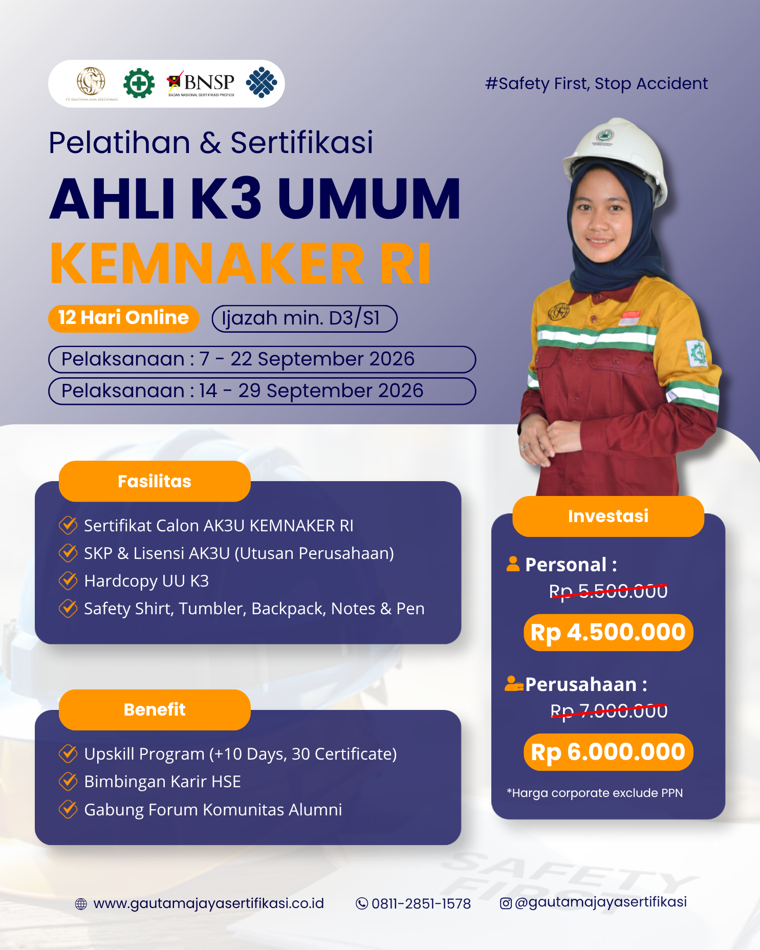 Pelatihan & Sertifikasi Ahli K3 Umum KEMNAKER Online Class 