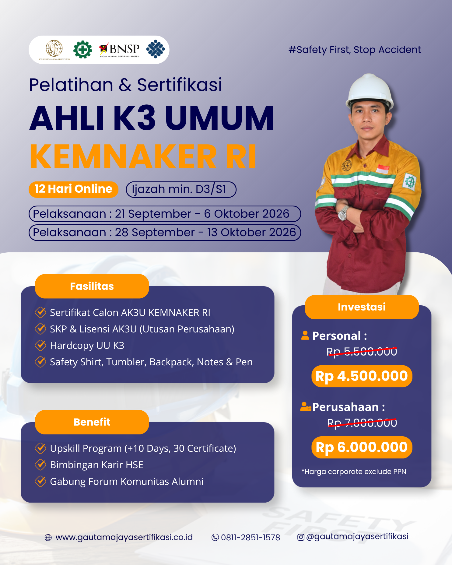 Pelatihan & Sertifikasi Ahli K3 Umum KEMNAKER Online Class 