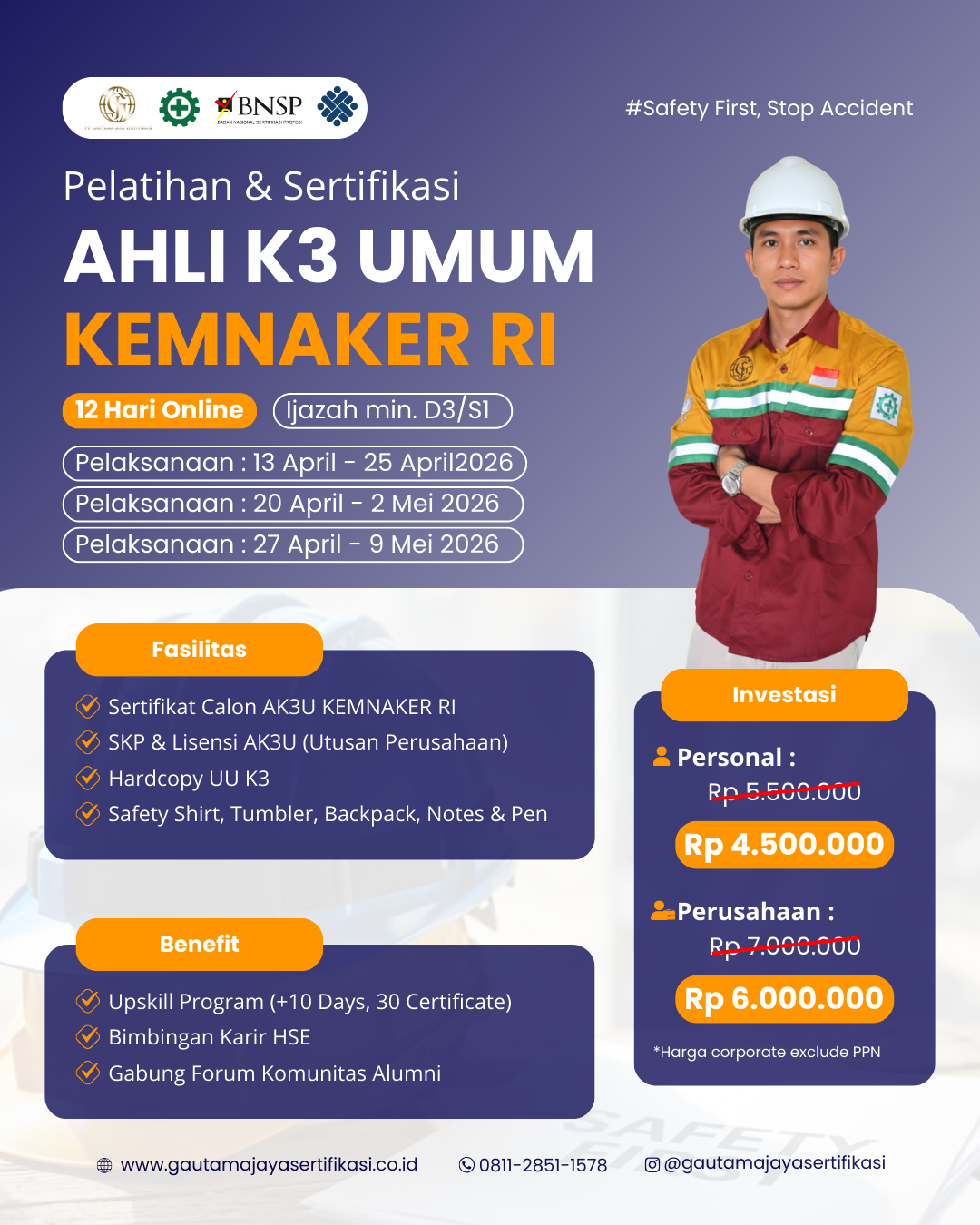 Pelatihan & Sertifikasi Ahli K3 Umum KEMNAKER Online Class 