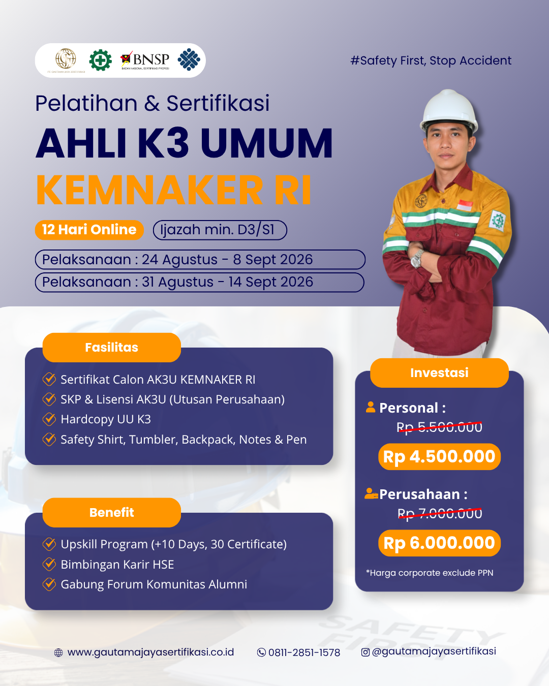 Pelatihan & Sertifikasi Ahli K3 Umum KEMNAKER Online Class 