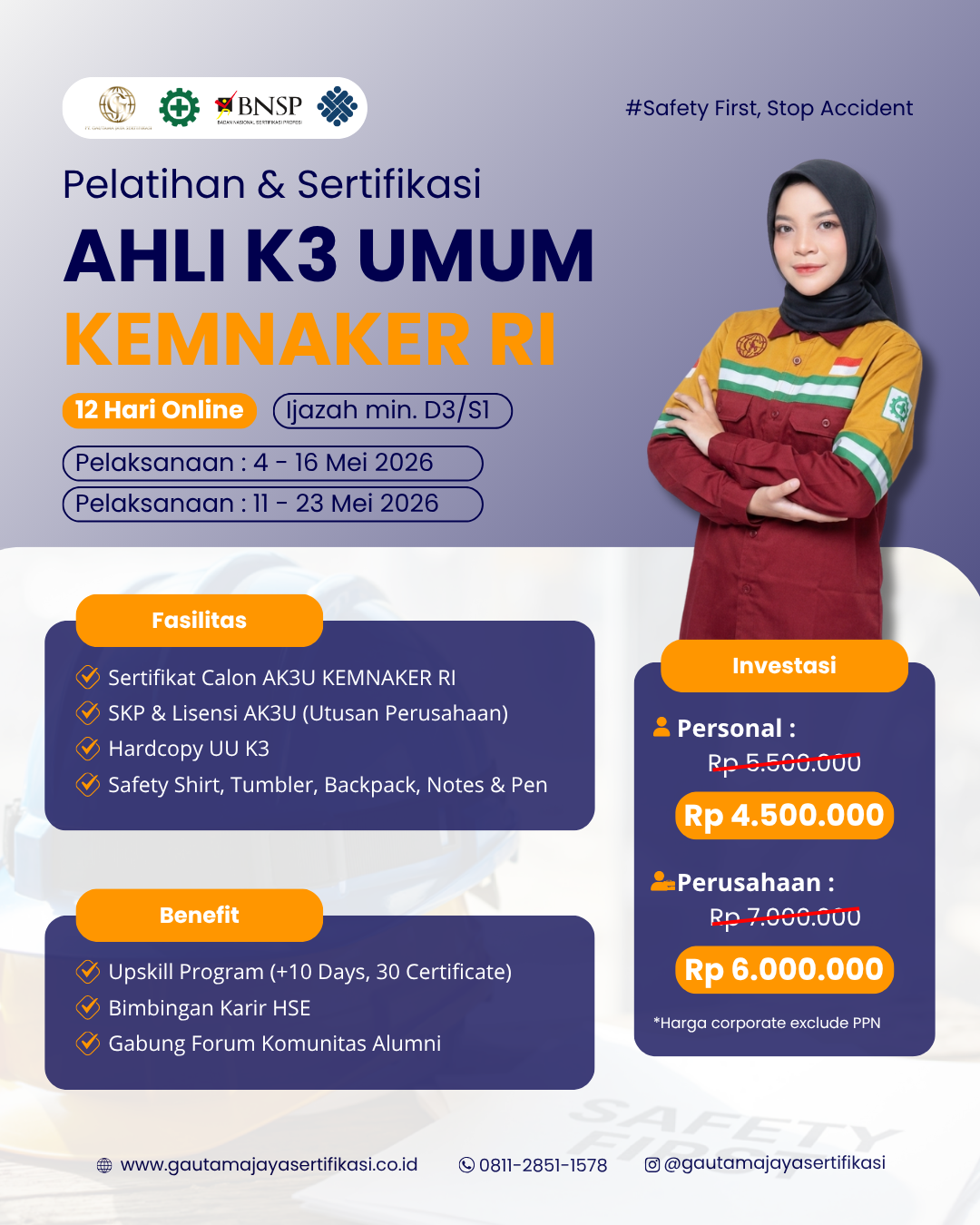 Pelatihan & Sertifikasi Ahli K3 Umum KEMNAKER Online Class 