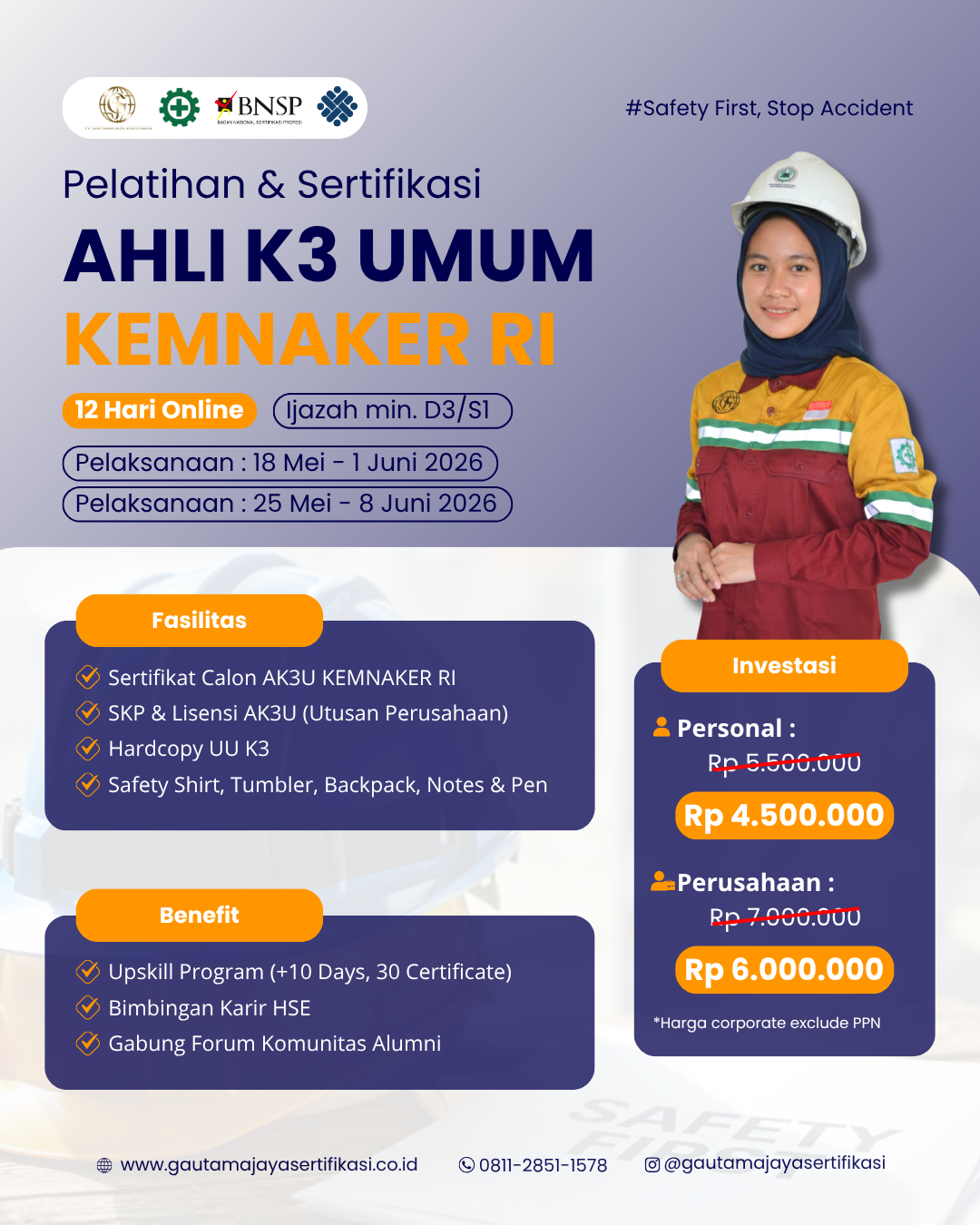 Pelatihan & Sertifikasi Ahli K3 Umum KEMNAKER Online Class 