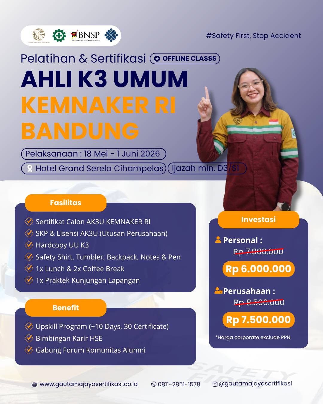Pelatihan & Sertifikasi Ahli K3 Umum Kemnaker RI Regional Bandung Offline Class