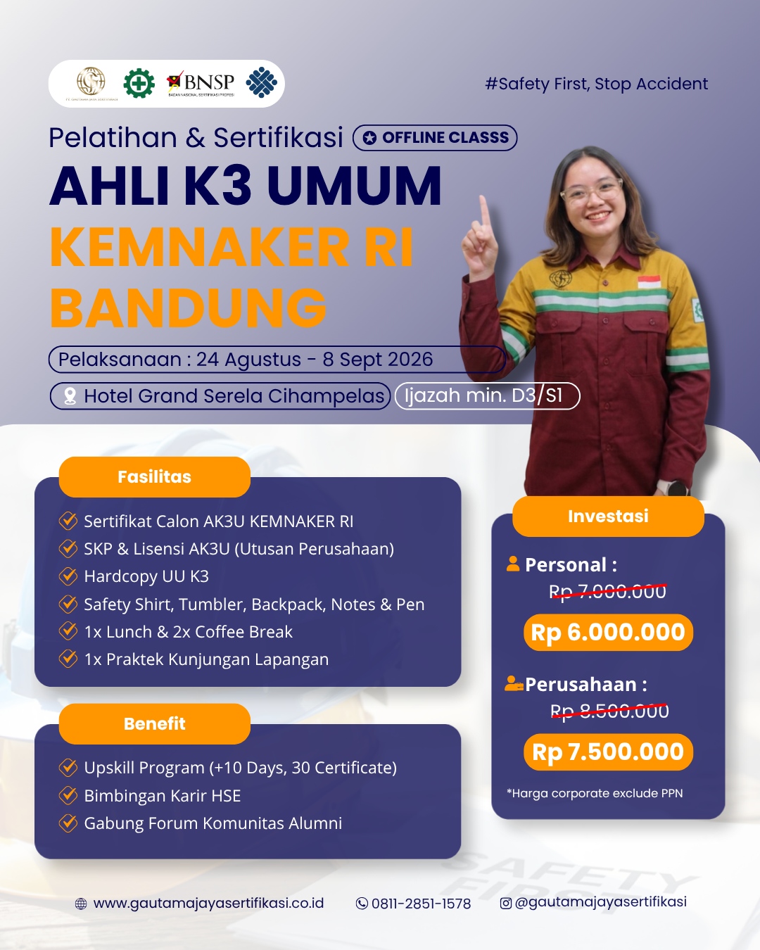 Pelatihan & Sertifikasi Ahli K3 Umum Kemnaker RI Regional Bandung Offline Class