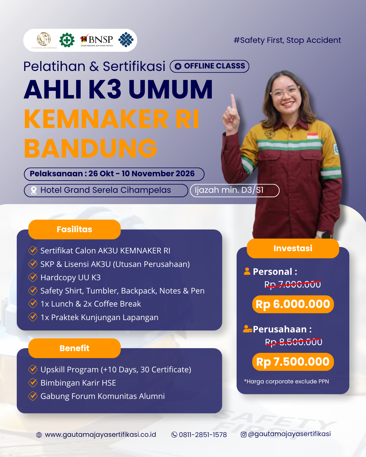 Pelatihan & Sertifikasi Ahli K3 Umum Kemnaker RI Regional Bandung Offline Class