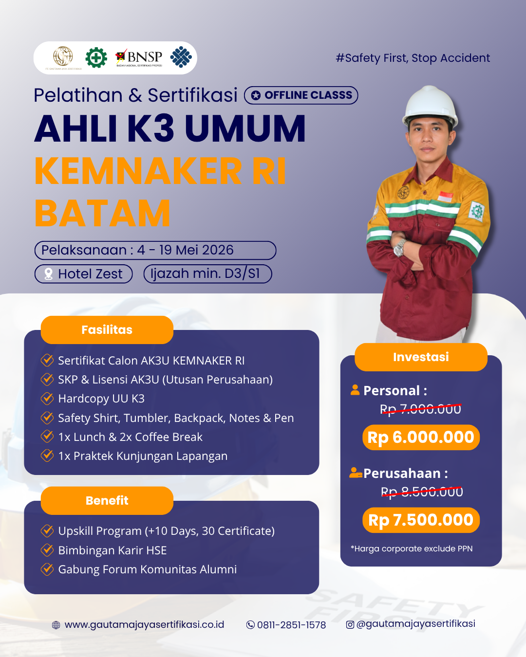Pelatihan & Sertifikasi Ahli K3 Umum Kemnaker RI Regional Batam (Offline Class)