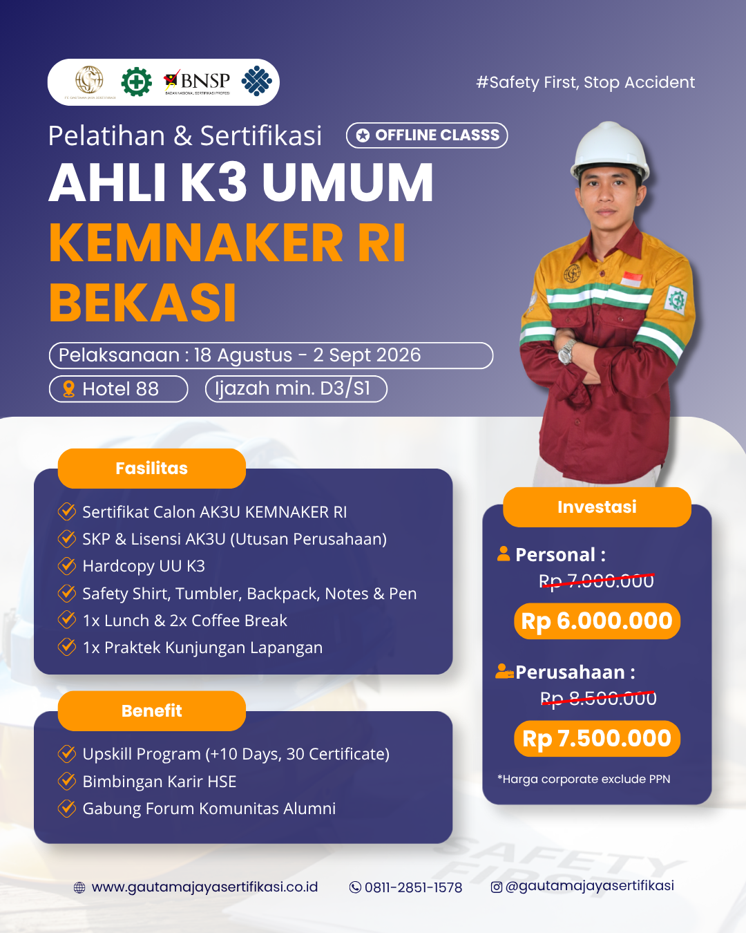Pelatihan & Sertifikasi Ahli K3 Umum KEMNAKER RI Regional Bekasi (Offline Class)