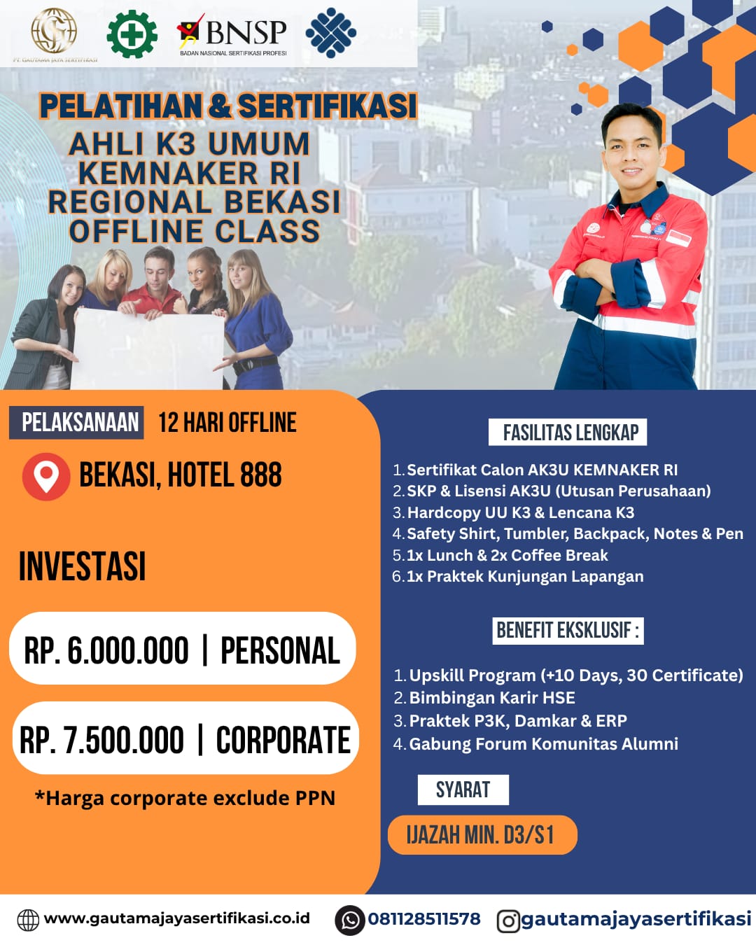Pelatihan & Sertifikasi Ahli K3 Umum Kemnaker RI Regional Bekasi (Offline Class)