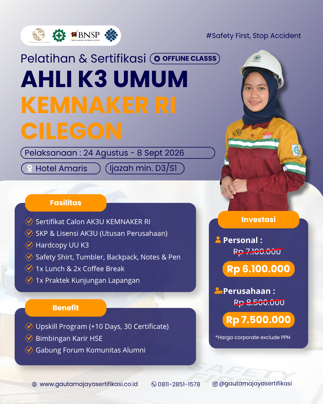 Pelatihan & Sertifikasi Ahli K3 Umum Kemnaker RI Regional Cilegon (Offline Class)