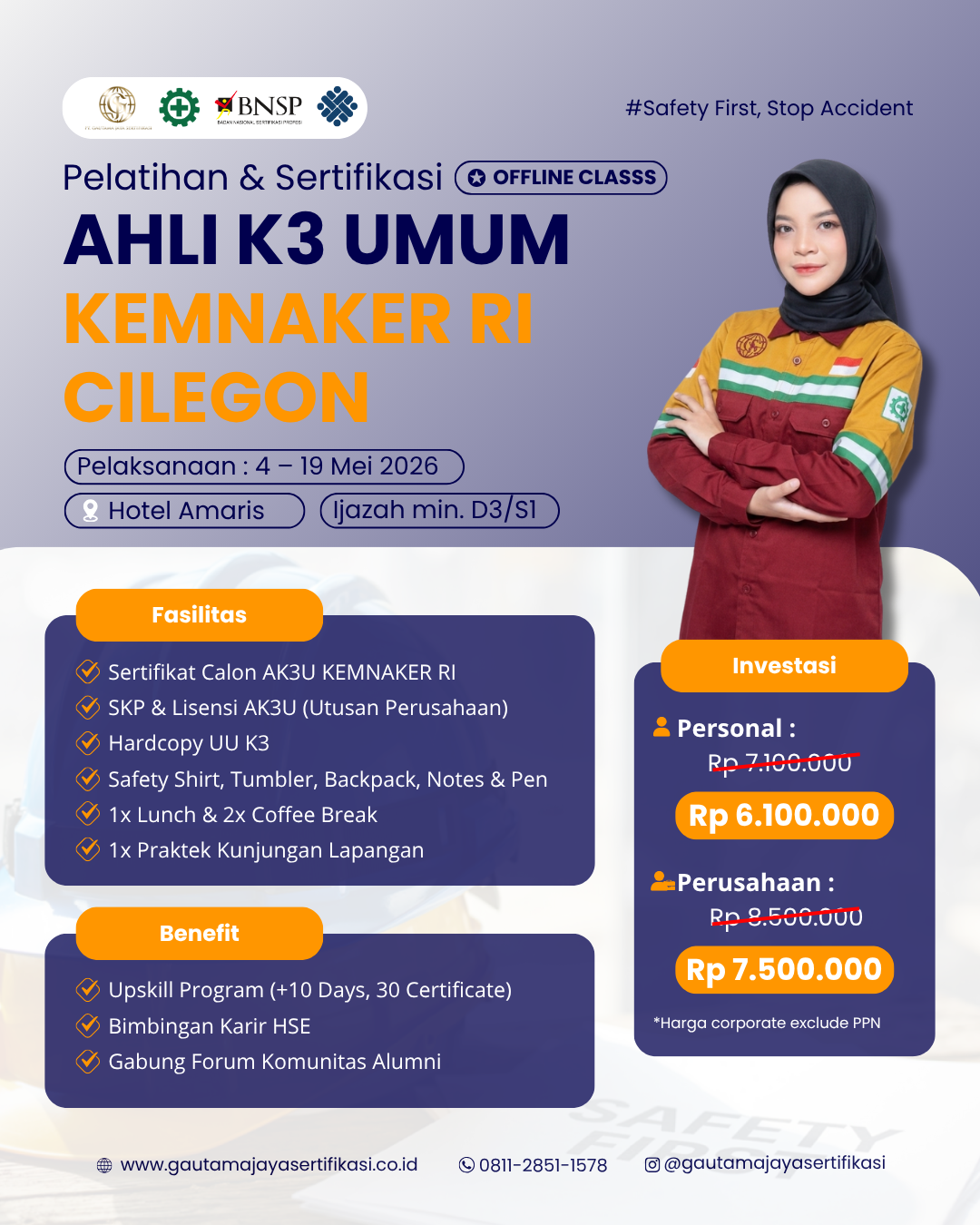 Pelatihan & Sertifikasi Ahli K3 Umum Kemnaker RI Regional Cilegon (Offline Class)