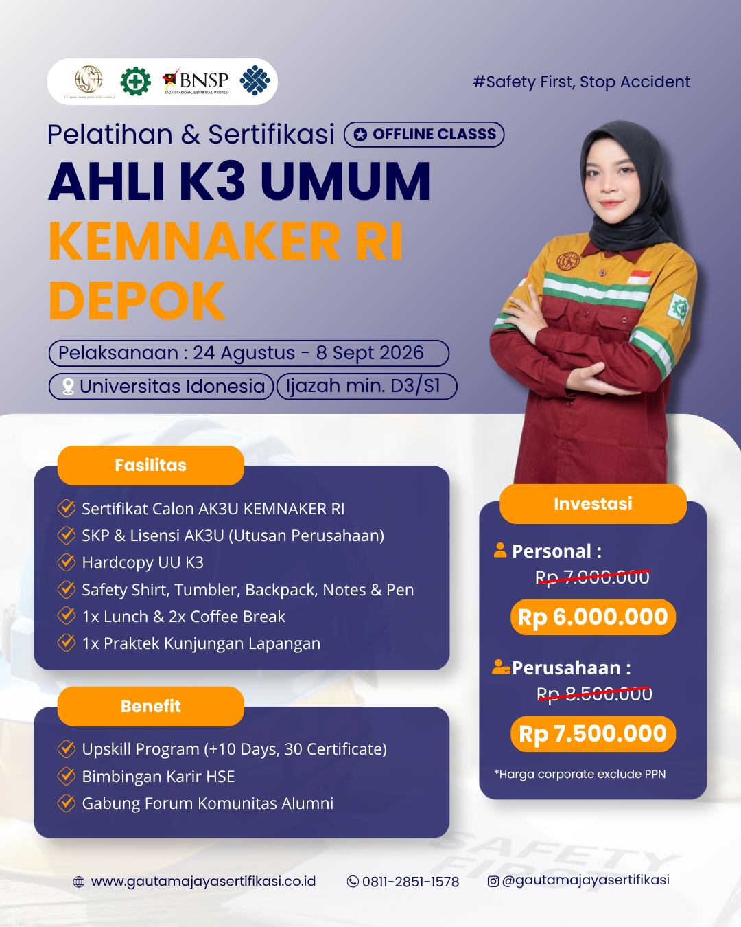Pelatihan & Sertifikasi Ahli K3 Umum Kemnaker RI Regional Depok Offline Class