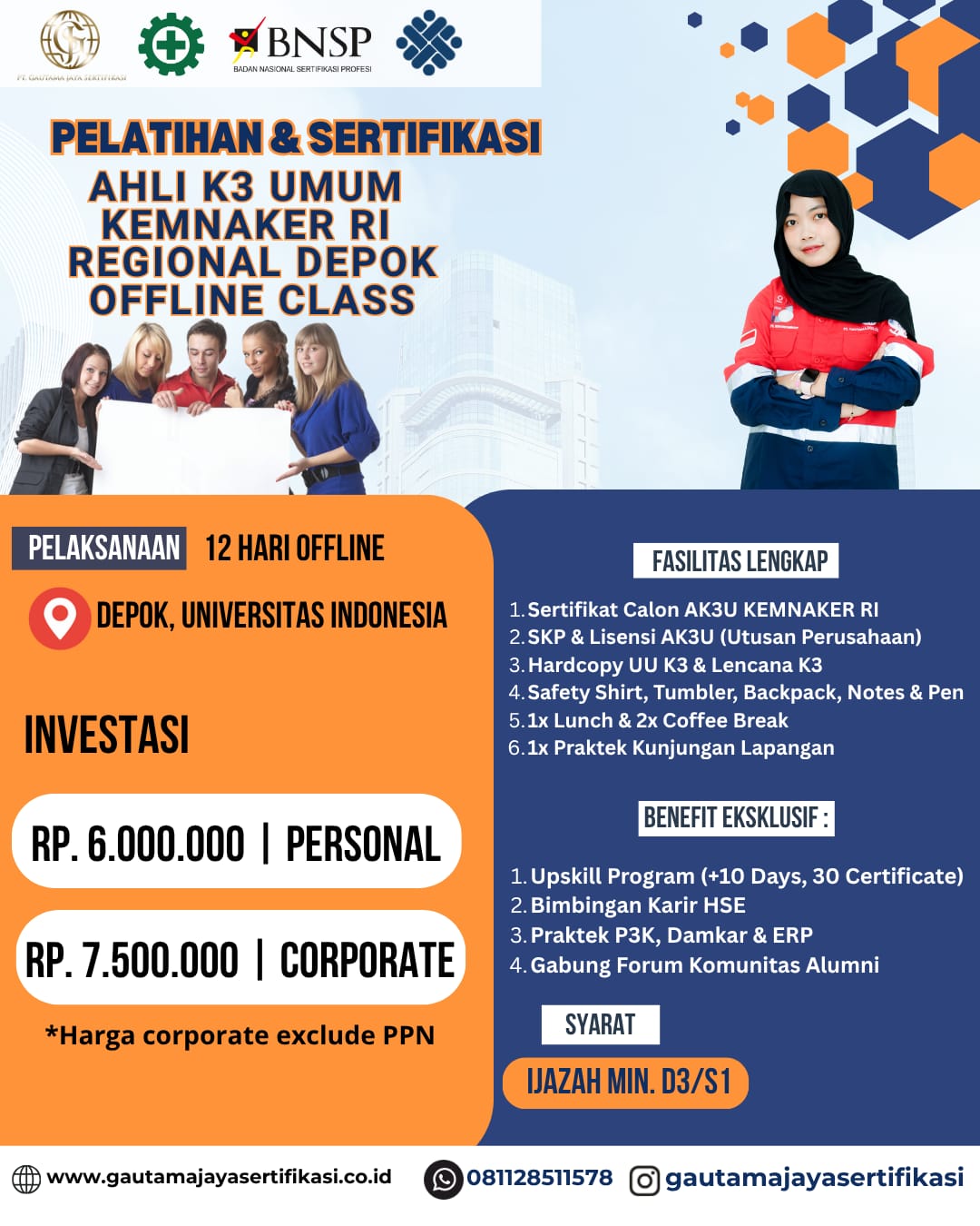 Pelatihan & Sertifikasi Ahli K3 Umum Kemnaker RI Regional Depok Offline Class
