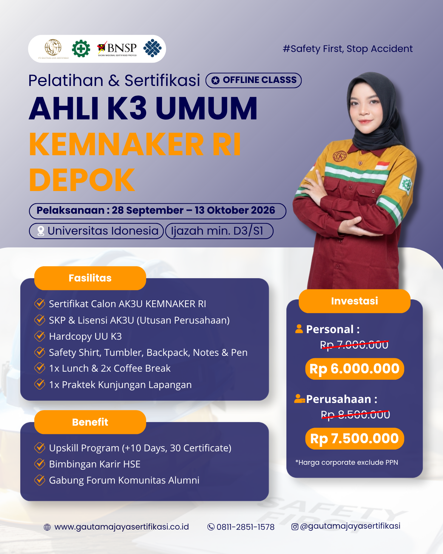 Pelatihan & Sertifikasi Ahli K3 Umum Kemnaker RI Regional Depok Offline Class