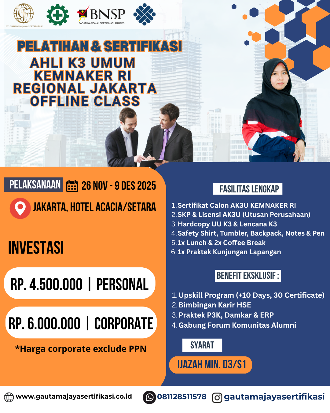 Pelatihan & Sertifikasi Ahli K3 Umum KEMNAKER RI Regional Jakarta (Offline Class)