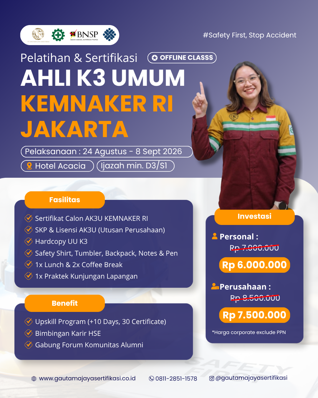 Pelatihan & Sertifikasi Ahli K3 Umum Kemnaker RI Regional Jakarta (Offline Class)