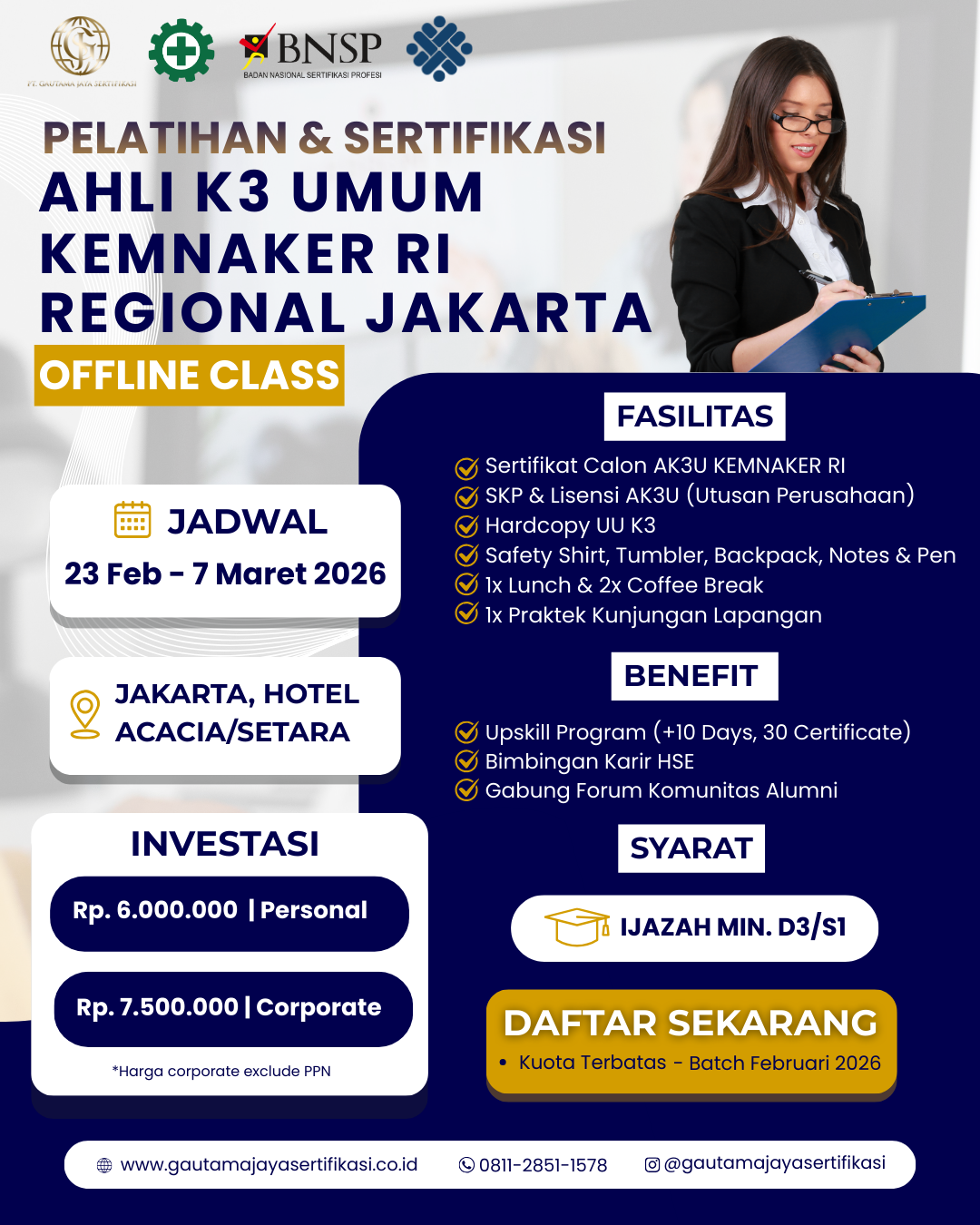 Pelatihan & Sertifikasi Ahli K3 Umum Kemnaker RI Regional Jakarta (Offline Class)