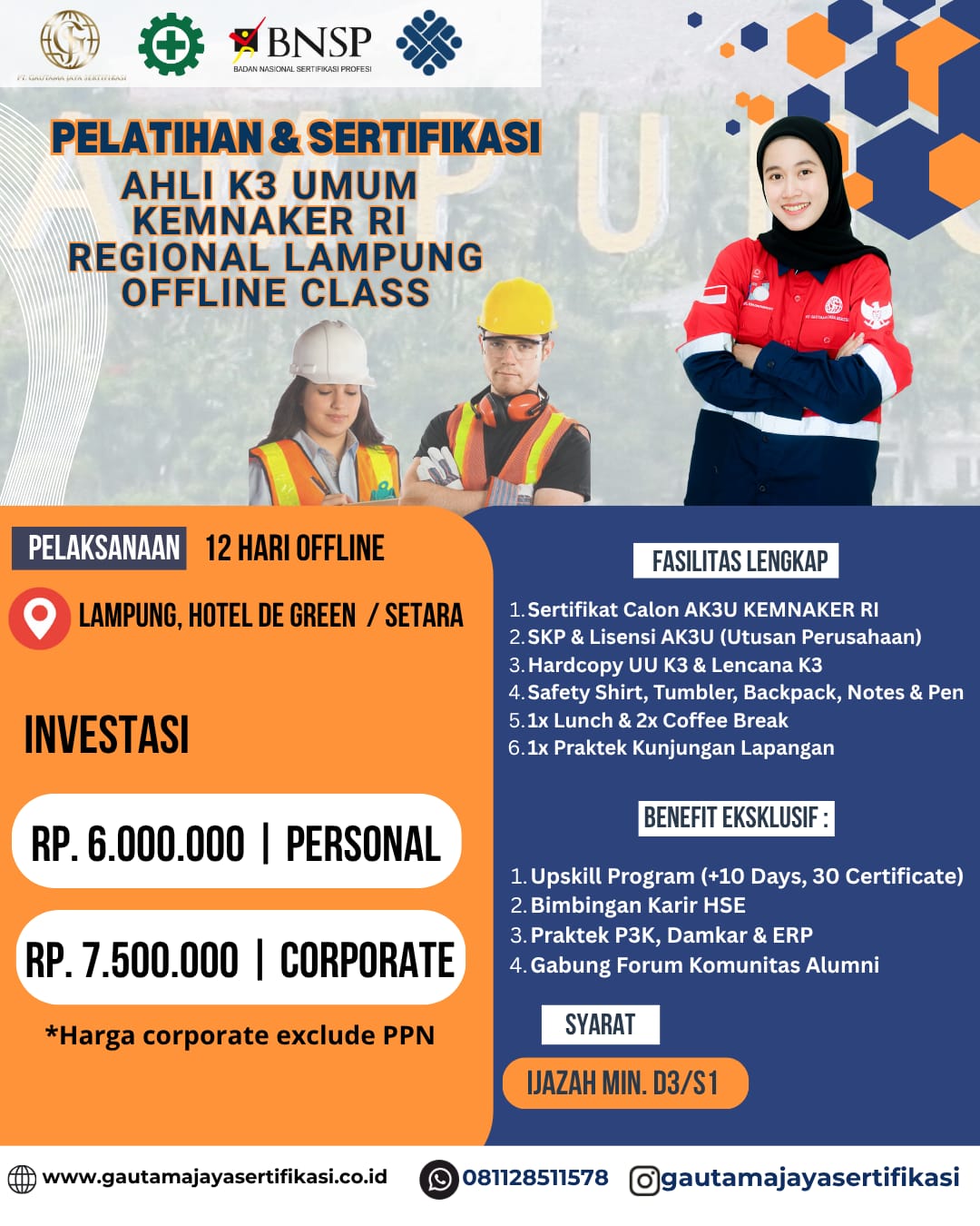 Pelatihan & Sertifikasi Ahli K3 Umum Kemnaker RI Regional Lampung (Offline Class)