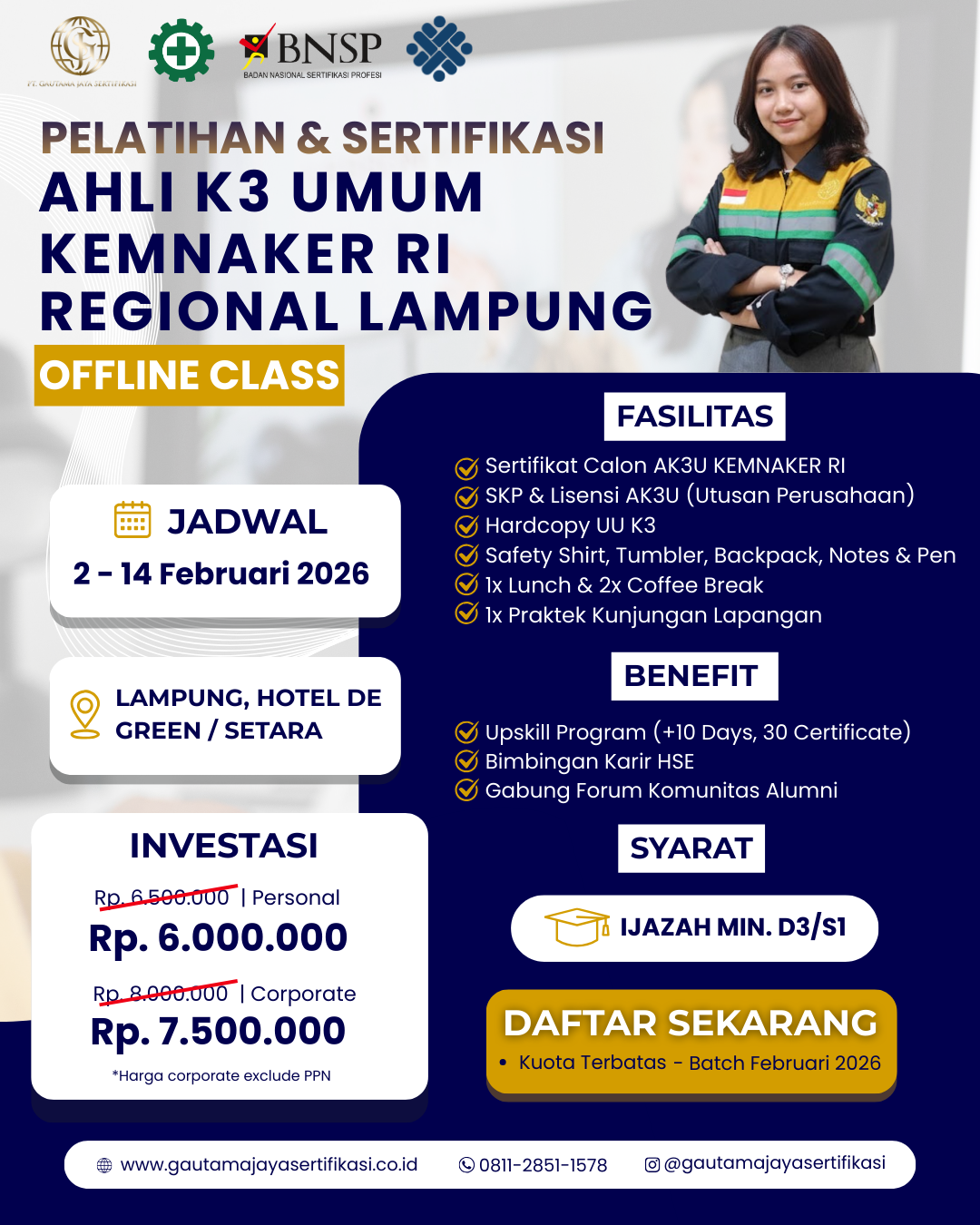 Pelatihan & Sertifikasi Ahli K3 Umum KEMNAKER RI Regional Lampung (Offline Class)