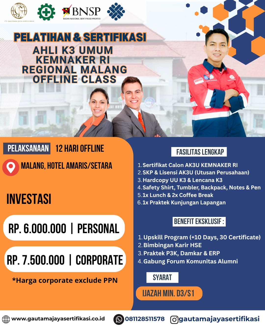 Pelatihan & Sertifikasi Ahli K3 Umum Kemnaker RI Regional Malang Offline Class