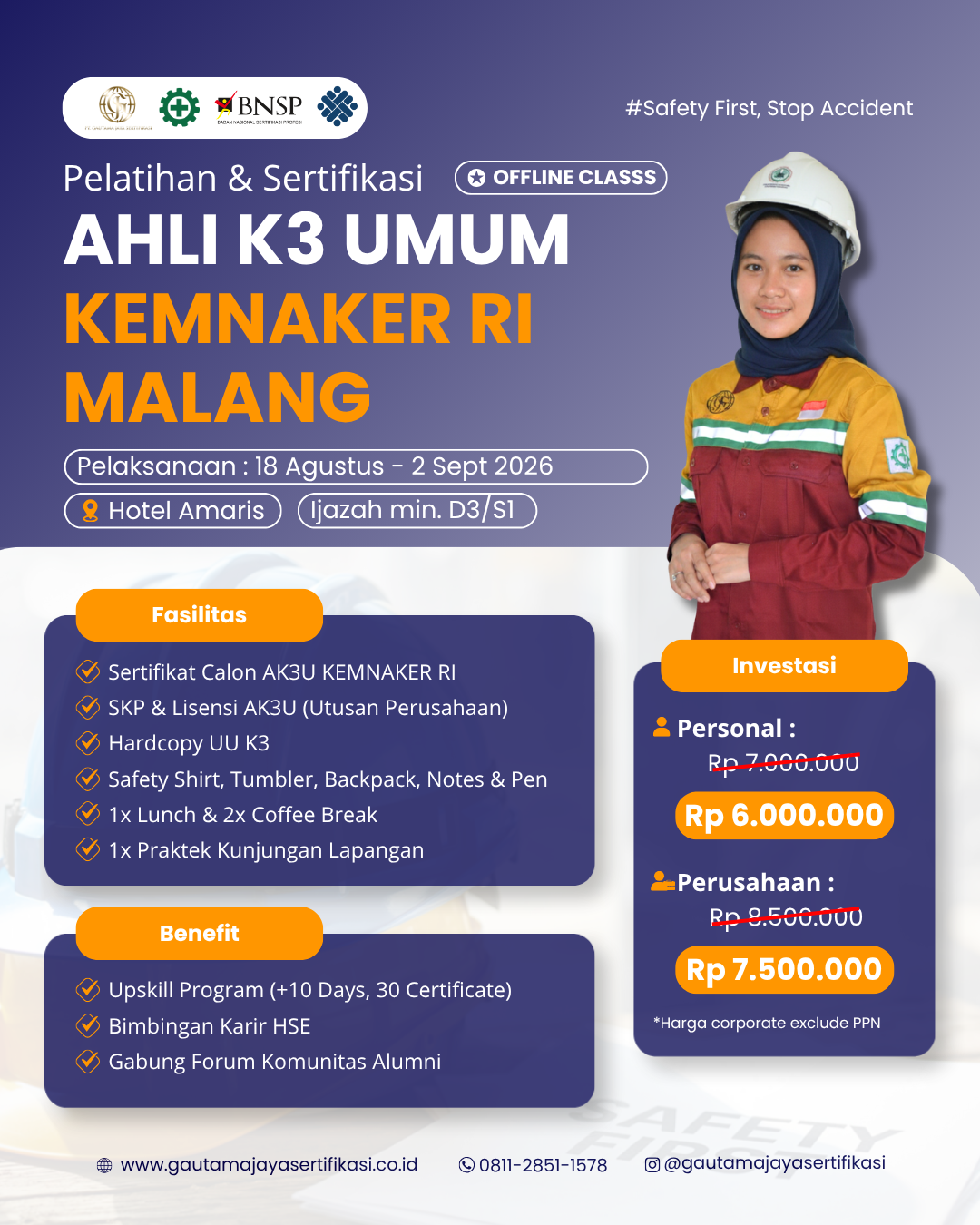 Pelatihan & Sertifikasi Ahli K3 Umum KEMNAKER RI Regional Malang (Offline Class)