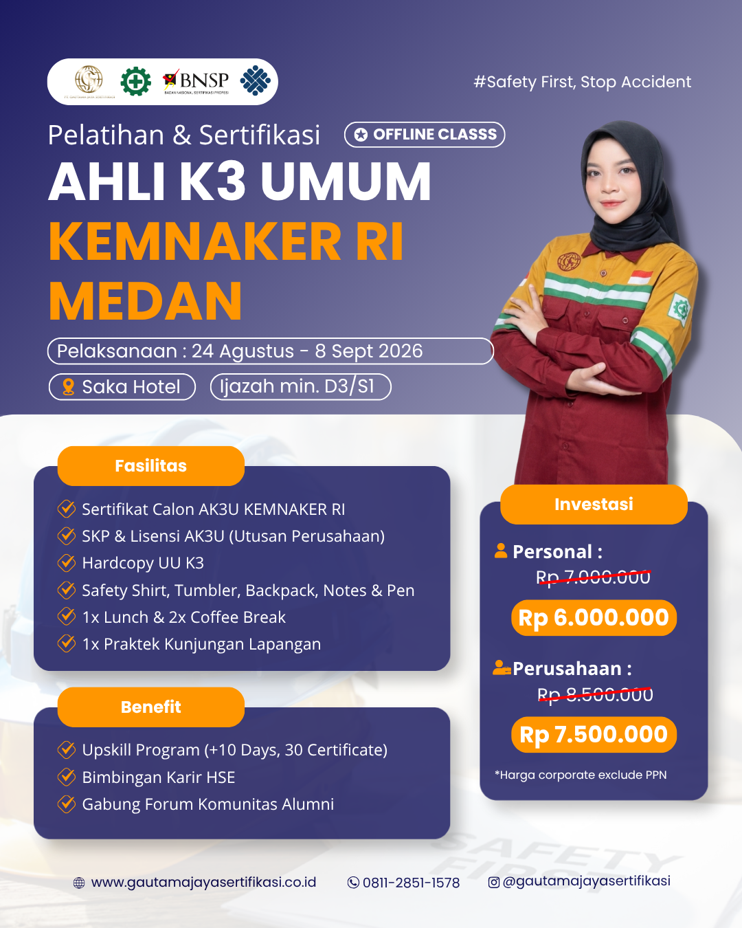 Pelatihan & Sertifikasi Ahli K3 Umum KEMNAKER RI Regional Medan (Offline Class) 