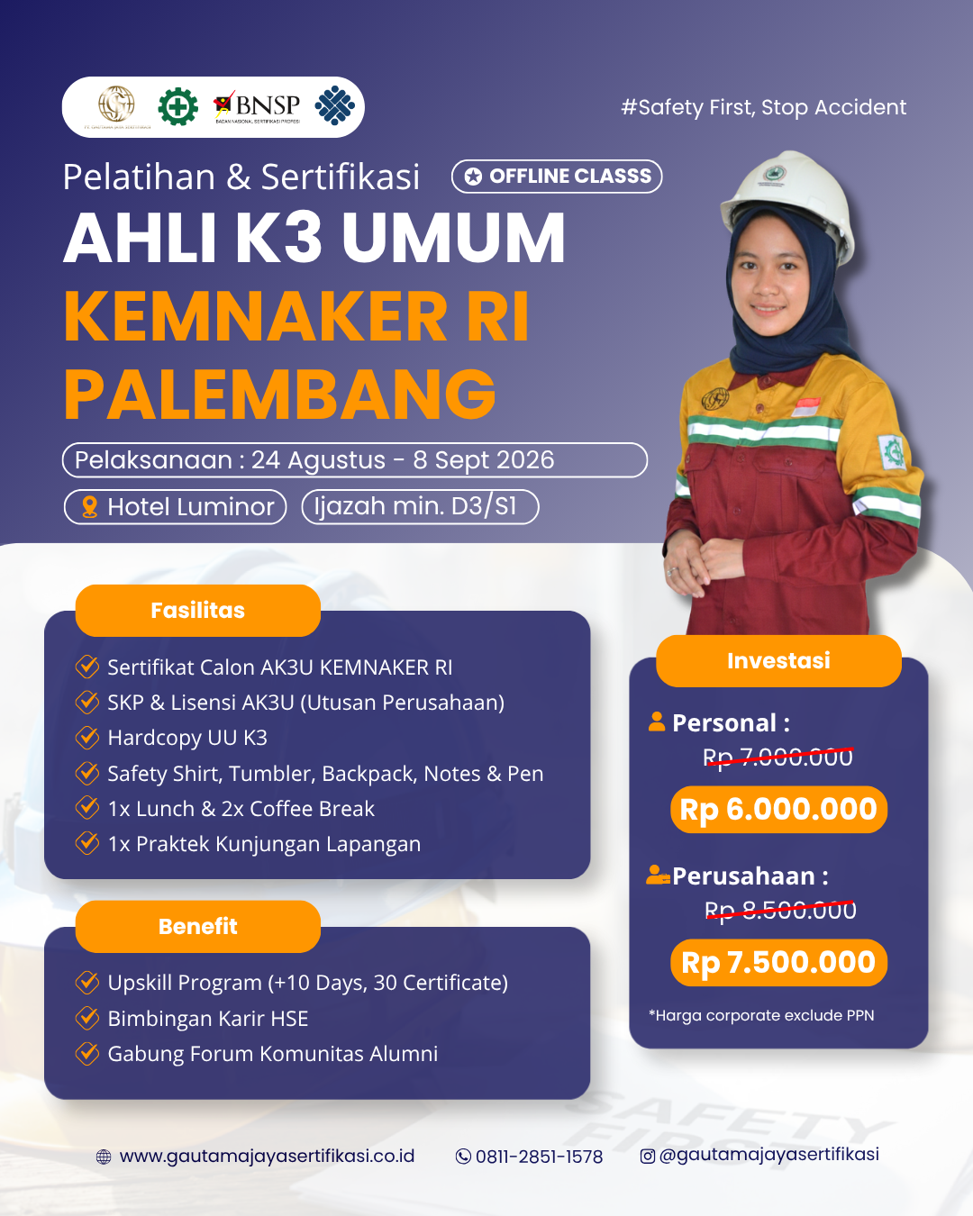 Pelatihan & Sertifikasi Ahli K3 Umum KEMNAKER RI Regional Palembang