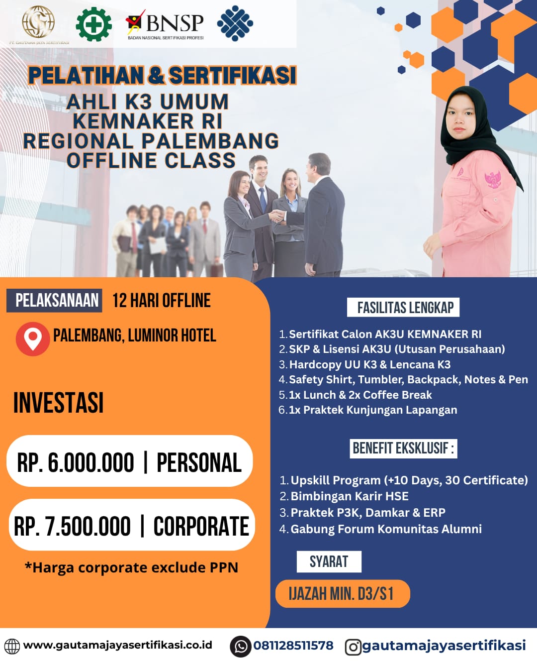 Pelatihan & Sertifikasi Ahli K3 Umum Kemnaker RI Regional Palembang (Offline Class)