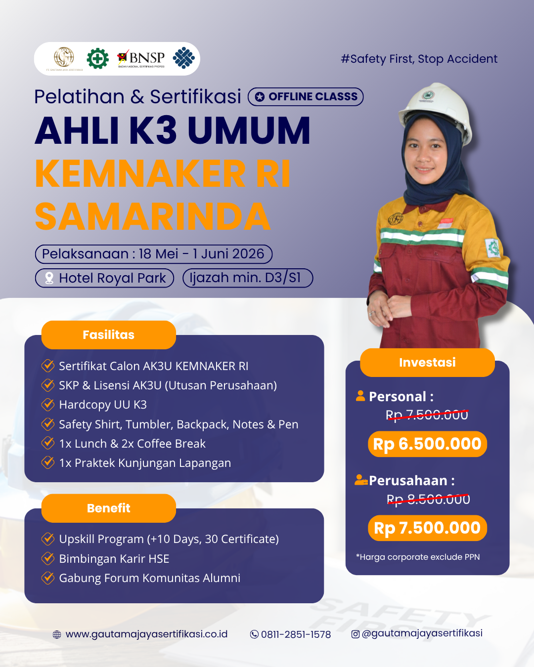 Pelatihan & Sertifikasi Ahli K3 Umum KEMNAKER RI Regional Samarinda (Offline Class)