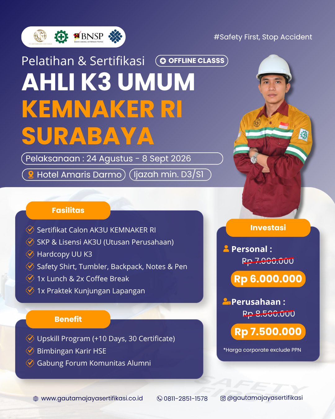 Pelatihan & Sertifikasi Ahli K3 Umum KEMNAKER RI Regional Surabaya