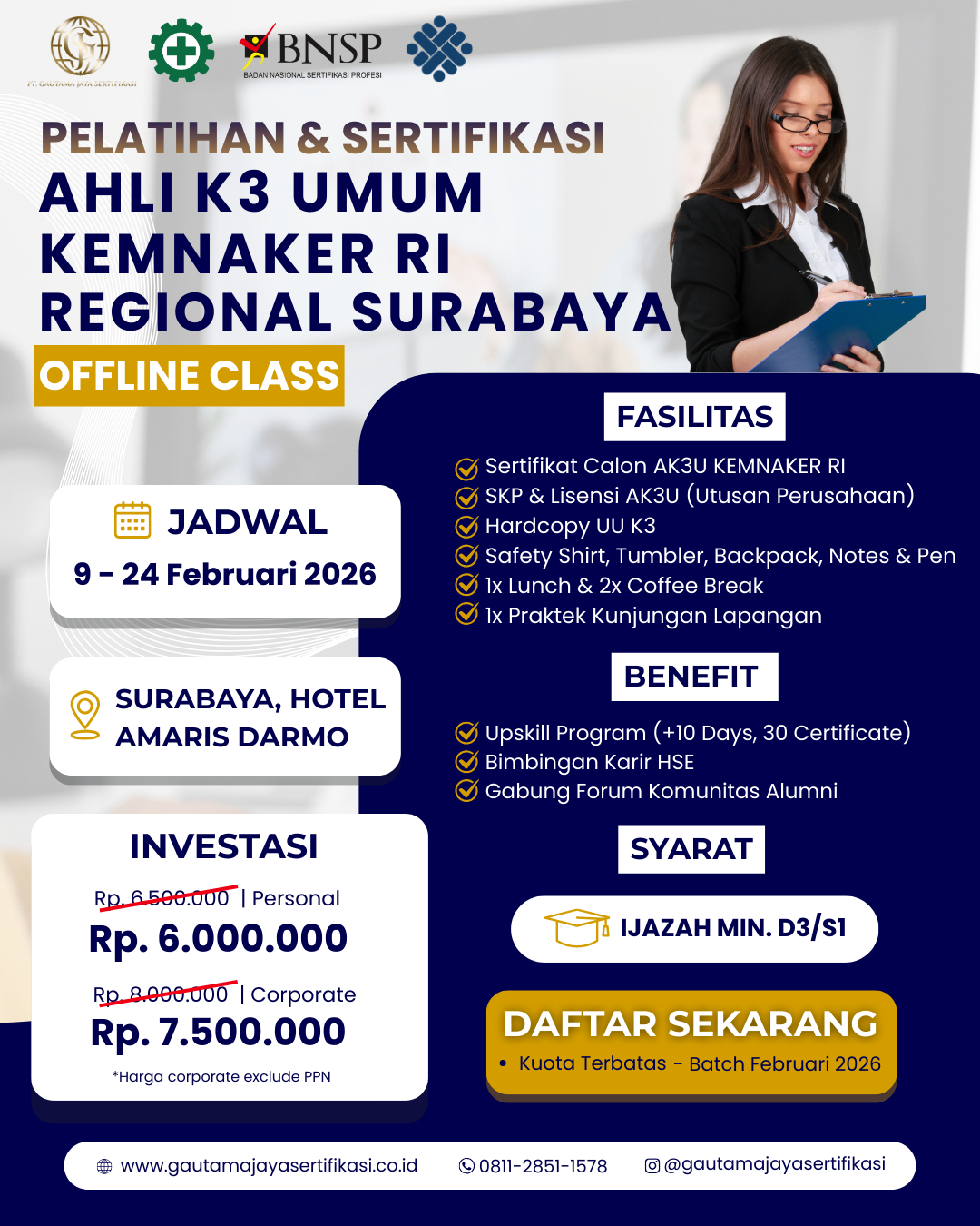 Pelatihan & Sertifikasi Ahli K3 Umum KEMNAKER RI Regional Surabaya