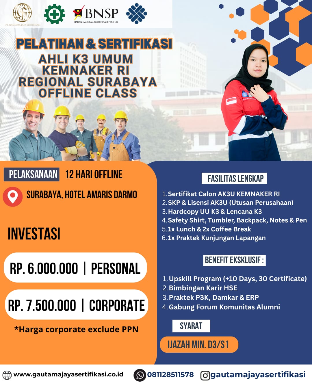 Pelatihan & Sertifikasi Ahli K3 Umum Kemnaker RI Regional Surabaya (Offline Class)