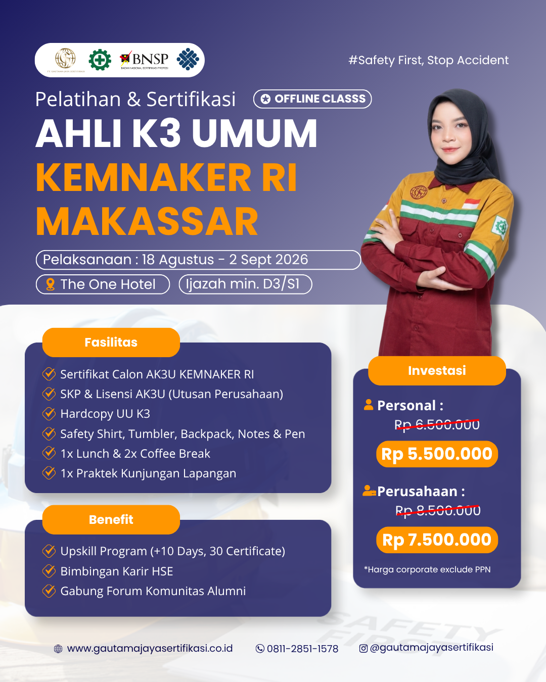 Pelatihan & Sertifikasi Ahli K3 Umum KEMNAKER RI – Regional Makassar (Offline Class)