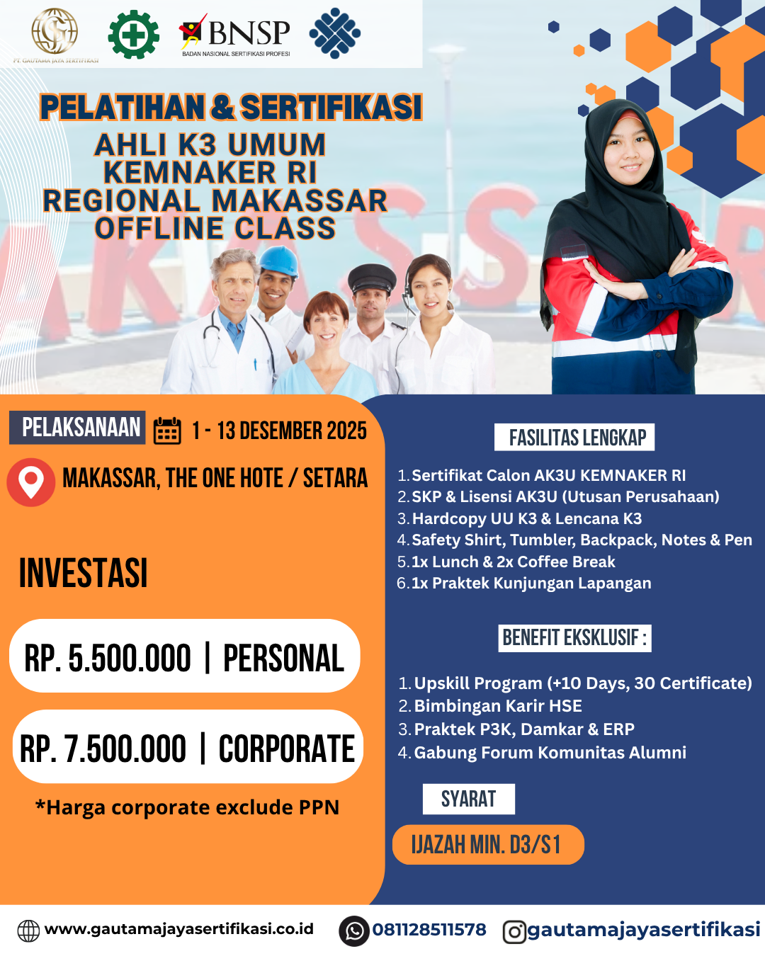 Pelatihan & Sertifikasi Ahli K3 Umum KEMNAKER RI – Regional Makassar (Offline Class)