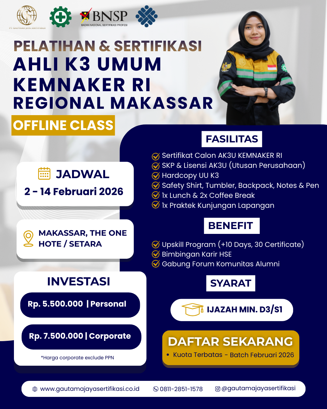 Pelatihan & Sertifikasi Ahli K3 Umum KEMNAKER RI – Regional Makassar (Offline Class)