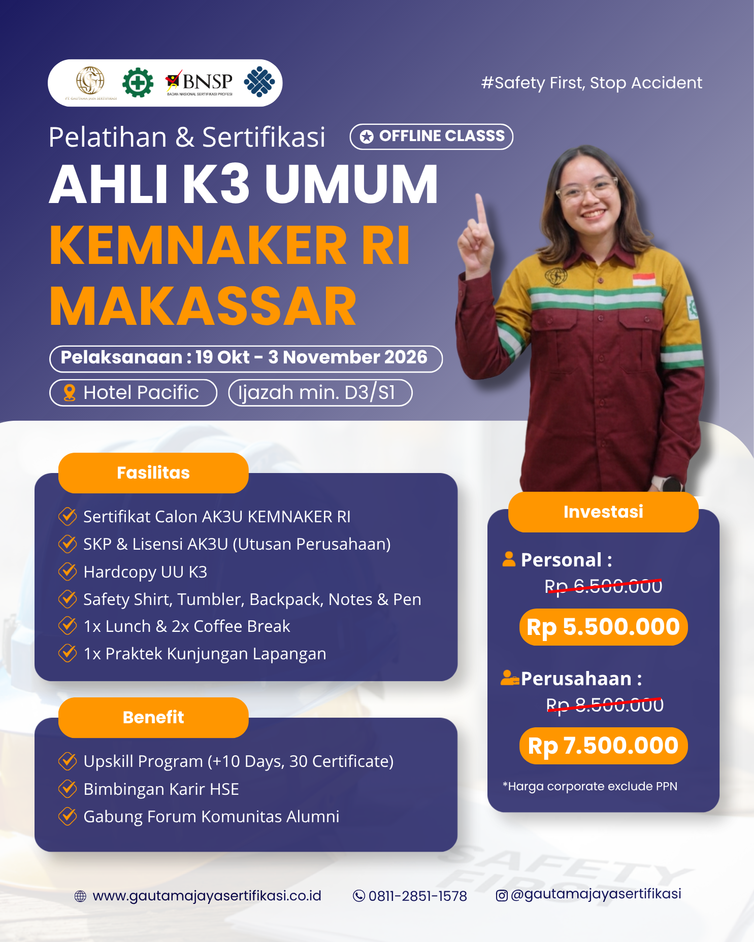Pelatihan & Sertifikasi Ahli K3 Umum KEMNAKER RI – Regional Makassar (Offline Class)