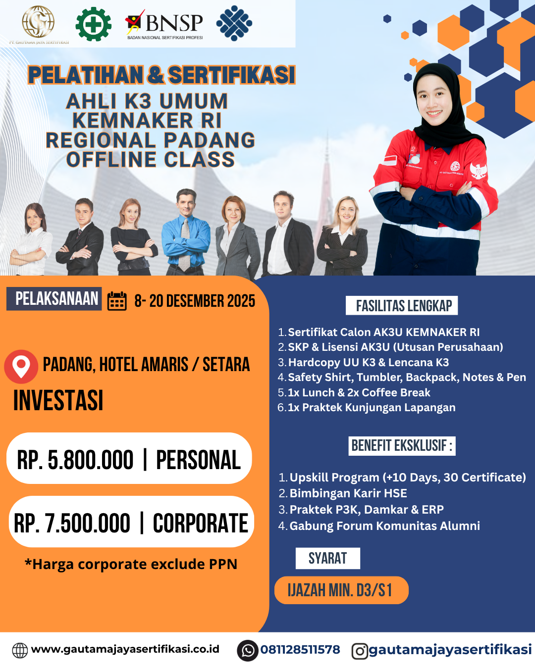 Pelatihan & Sertifikasi Ahli K3 Umum KEMNAKER RI – Regional Padang (Offline Class)