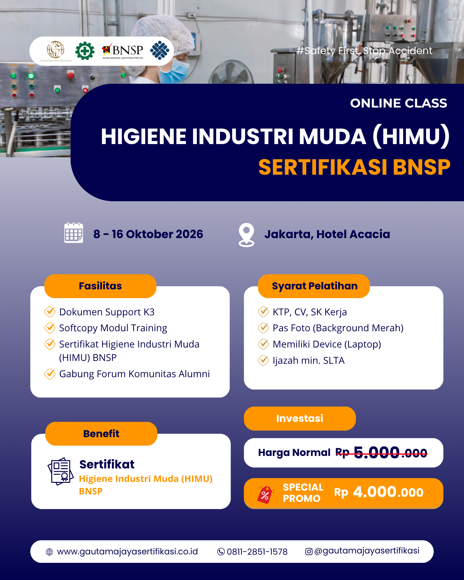 Pelatihan & Sertifikasi Higiene Industri Muda (HIMU) Sertifikasi BNSP