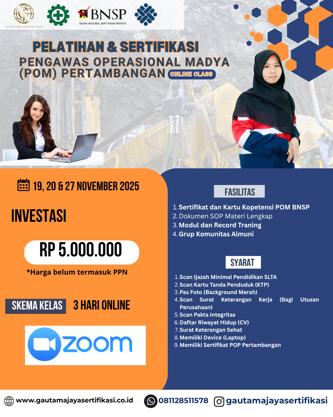 Pelatihan & Sertifikasi Pengawas Operasional Madya (POM) Pertambangan Sertifikasi BNSP