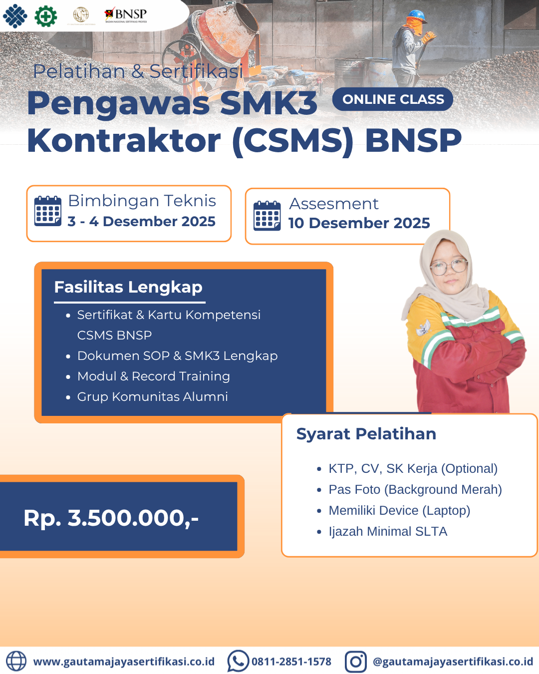 Pelatihan & Sertifikasi Pengawas SMK3 Kontraktor (CSMS) BNSP