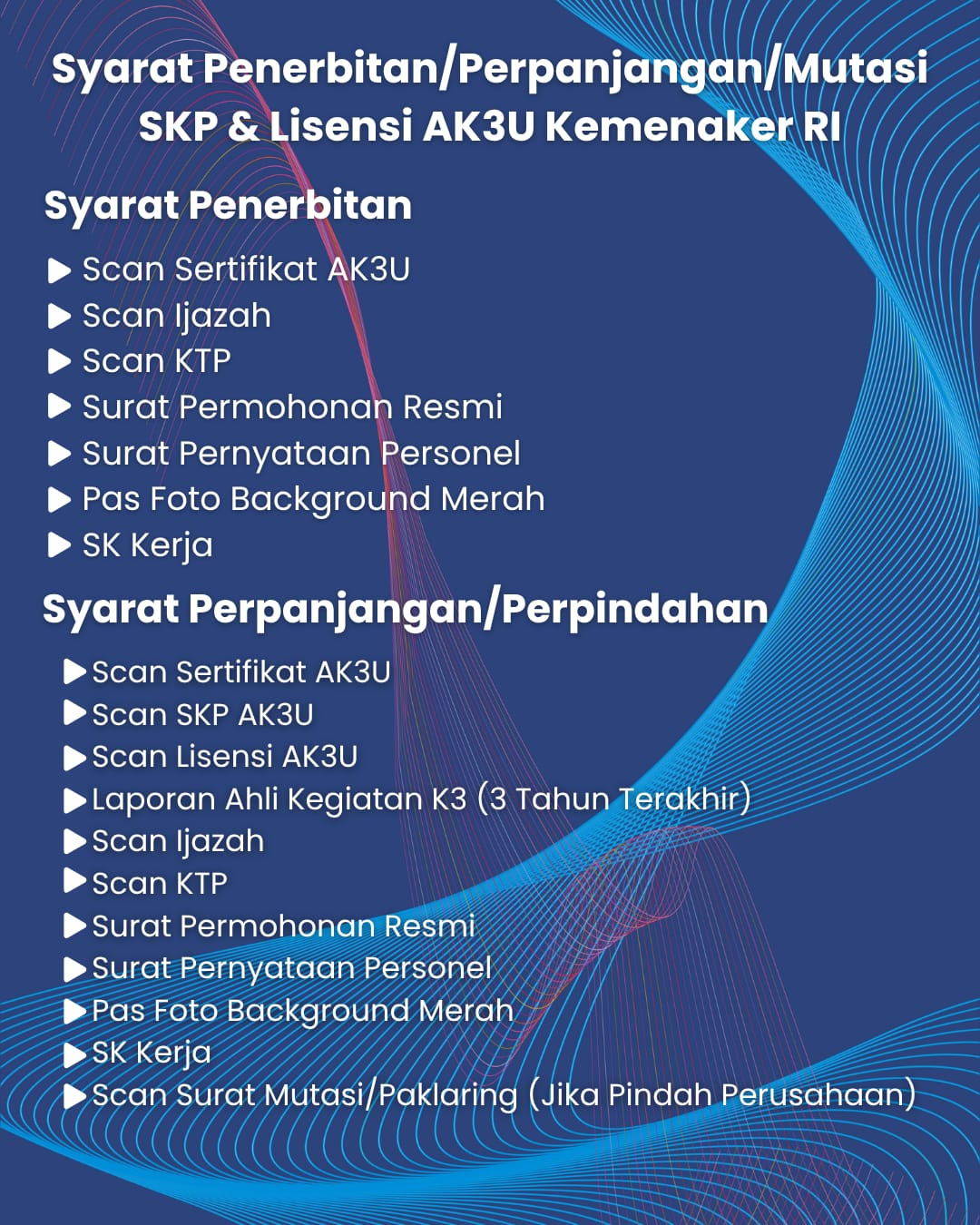Syarat Penerbitan/Perpanjangan/Mutasi SKP & Lisensi AK3U Kemenaker RI